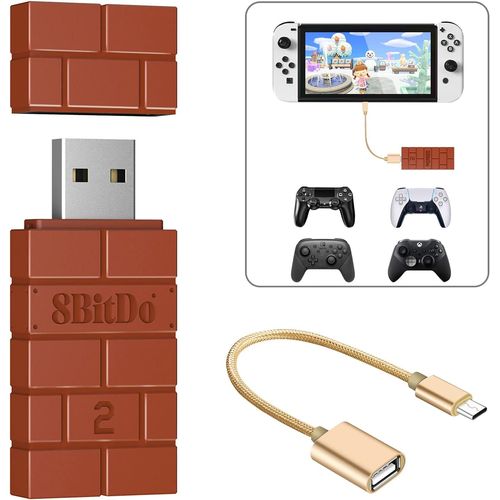 8bitdo Wireless USB Adaptateur 2 pour Switch/Xbox One/Xbox Series X & S,PS5,PS4,PS3 Manette sur Switch/Switch OLED,Windows,PC,Raspberry Pi,Android avec OTG Câble(Rouge)