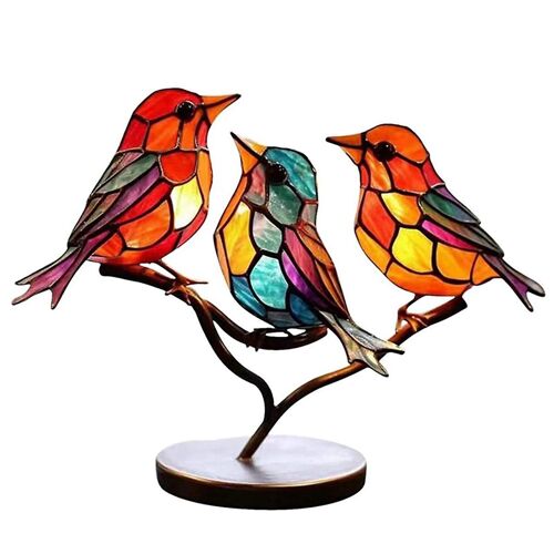 Oiseaux teintés sur les ornements de bureau de branche, oiseau multicolore teinté ornement de bureau en métal, fer à tacher O