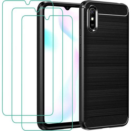 Coque Pour Xiaomi Redmi 9a Xiaomi Redmi 9at Avec 3 Pièces En Verre Trempé, Coque De Protection Antichoc En Fibre De Carbone, Housse Antichoc En Silicone Tpu Souple Noir