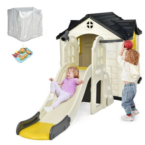 Costway 7 En 1 Toboggan Luxe Avec Maisonnette Pour Enfants Avec 7 Jouet Dinette - Glisse De 140 Cm En Pehd Anti-Uv 3-8 Ans Jaune