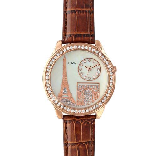 Jouailla - Montre Lutetia 'paris' Boîtier Métal Doré Rose, Pierres Synthétiques Et Bracelet Cuir De Veau Marron (750111m)