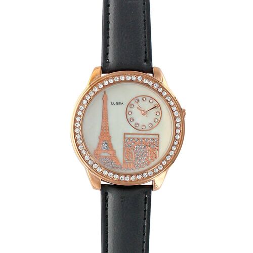 Jouailla - Montre Lutetia 'paris' Boîtier Métal Doré Rose, Pierres Synthétiques Et Bracelet Cuir De Veau Noir (750111n)