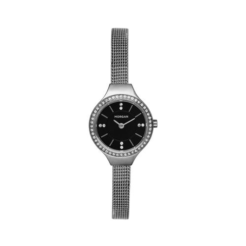 Jouailla - Montre Morgan Boîtier Et Cadran Noir Avec Pierres Synthétiques, Bracelet Acier Milanais (770315n)