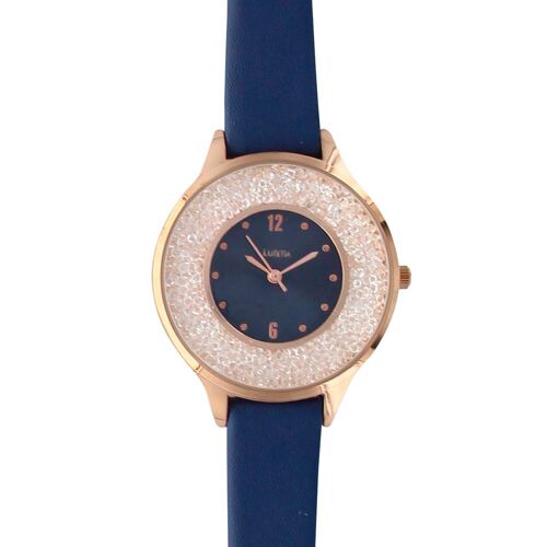 Jouailla - Montre Lutetia Bleu Marine, Boîtier Métal Doré Rose, Cadran Avec Pierres Et Bracelet Synthétiques (750128bm)