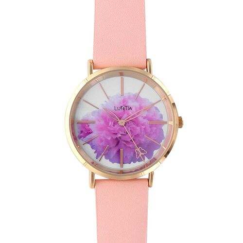 Jouailla - Montre Lutetia Rose Clair Boîtier Métal Doré Rose, Cadran Avec Fleur Et Bracelet Cuir De Veau (750100ro)