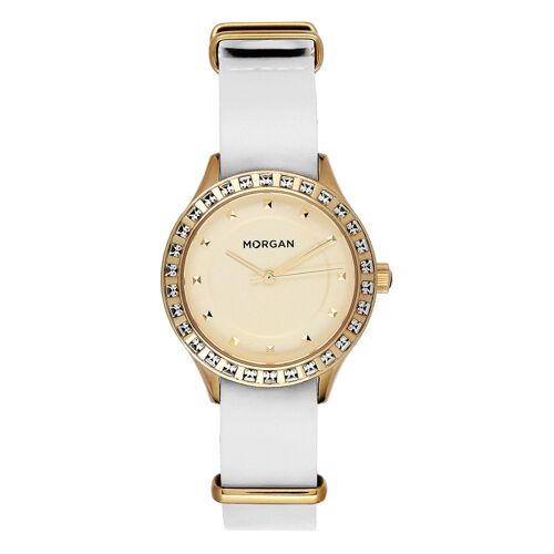 Jouailla - Montre Morgan Boîtier Métal Doré Avec Pierres Synthétiques Et Bracelet Nato Blanc (770307b)