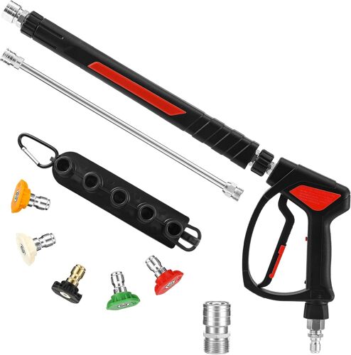 MEVRONISSHOP-Pistolet de Nettoyeur Haute Pression, Raccord Rapide Pivotant 3/8'', Soupape Interne en Acier Inoxydable, Remplacement de Lance d'Extension, Raccord M22-14 mm, 5 Buses avec Support, 400