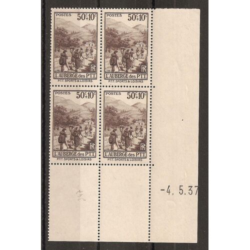 347 (1937) P.T.T Sports Et Loisirs L'auberge Des Loisirs 50c+10c En Bloc De 4 Coin Daté N** (Cote 13,4e) (5787)