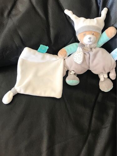 Baby Nat Pantin Avec Doudou Ours Polochon Gris Bleu Avec Son Mouchoir Blanc 22cm