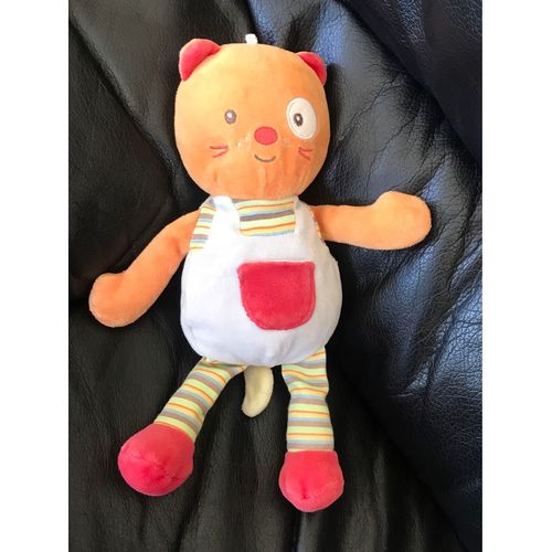 Doudou Peluche Chat Ours Orange Rouge Bleu Cocard Oeil Blanc Sucre D'orge 30cm