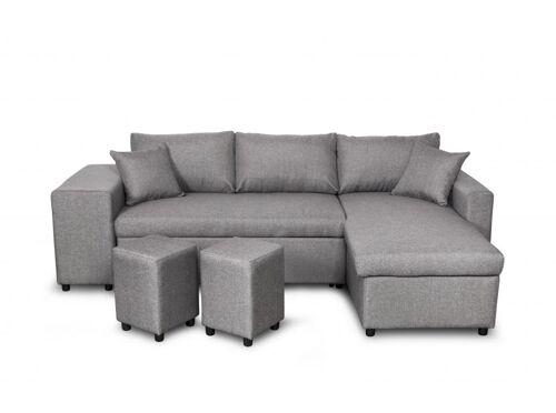 Canapé d'angle OSLO convertible avec coffre et poufs en tissu - Gris clair, Position du rangement poufs - Gauche