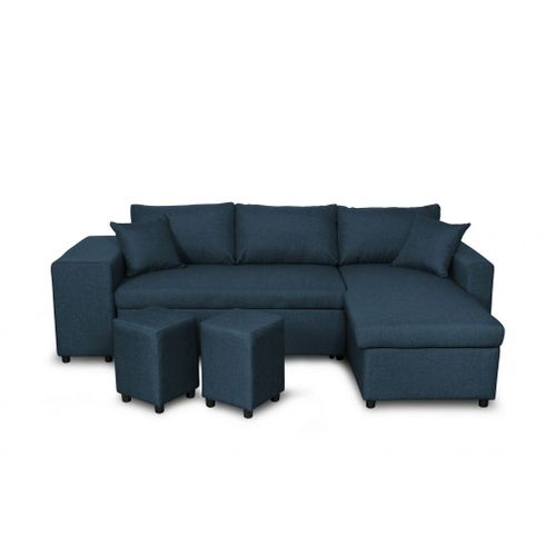 Canapé D'angle Oslo Convertible Avec Coffre Et Poufs En Tissu - Bleu Pétrole, Position Du Rangement Poufs - Gauche