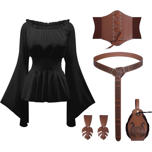 Tianyi-Costume De Pirate Pour Femme - 5 Pièces - Chemisier Viking Médiéval Renaissance Avec Ceinture Corset - Accessoires Pour Halloween, Carnaval