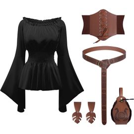 Tianyi-Costume De Pirate Pour Femme - 5 Pièces - Chemisier Viking Médiéval Renaissance Avec Ceinture Corset - Accessoires Pour Halloween, Carnaval