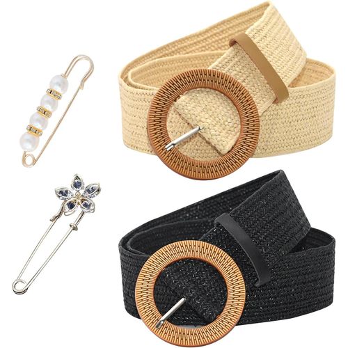 Tianyi-2/4 Pièces Ceinture En Paille Tissée Femme Ceinture Fine Élastiquée Ceinture De Robe Stretch Tressée Avec Boucle De Couleur Bois