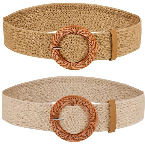 Tianyi-2pcs Ceinture Tressée Femme, Ceinture Tissée Élastique En Paille Ceintures De Robe D'été Bohème Ceinture Tressée Large Avec Boucle Ronde Pour Femmes Filles
