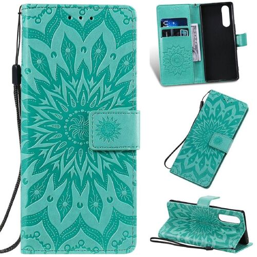 Saturcase Coque Pour Sony Xperia 5, Fleur Du Soleil Gaufrage Pu Cuir Magnétique Flip Portefeuille Support Porte-Carte Protecteur Housse Étui Avec Dragonne (Vert)