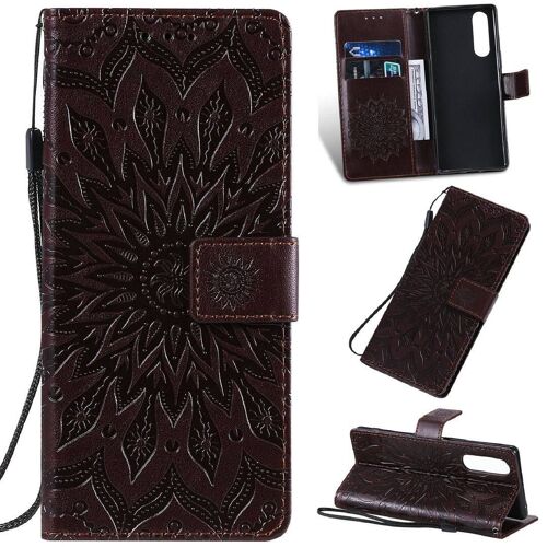 Saturcase Coque Pour Sony Xperia 5, Fleur Du Soleil Gaufrage Pu Cuir Magnétique Flip Portefeuille Support Porte-Carte Protecteur Housse Étui Avec Dragonne (Marron)