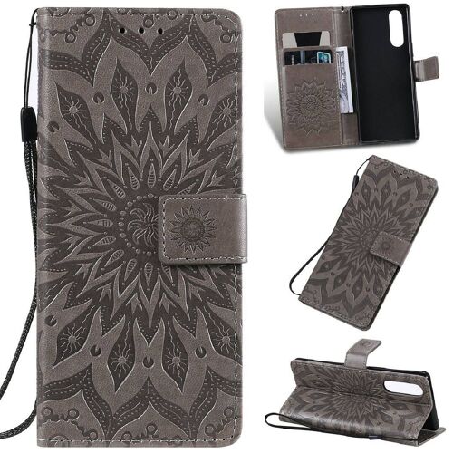 Saturcase Coque Pour Sony Xperia 5, Fleur Du Soleil Gaufrage Pu Cuir Magnétique Flip Portefeuille Support Porte-Carte Protecteur Housse Étui Avec Dragonne (Gris)