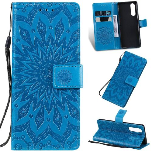 Saturcase Coque Pour Sony Xperia 5, Fleur Du Soleil Gaufrage Pu Cuir Magnétique Flip Portefeuille Support Porte-Carte Protecteur Housse Étui Avec Dragonne (Bleu)