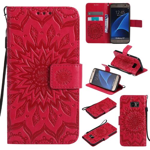 Saturcase Coque Pour Samsung Galaxy S7, Fleur Du Soleil Gaufrage Pu Cuir Magnétique Flip Portefeuille Support Porte-Carte Protecteur Housse Étui Avec Dragonne (Rouge)
