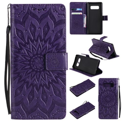 Saturcase Coque Pour Samsung Galaxy Note 8, Fleur Du Soleil Gaufrage Pu Cuir Magnétique Flip Portefeuille Support Porte-Carte Protecteur Housse Étui Avec Dragonne (Violet)