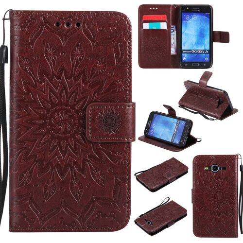 Saturcase Coque Pour Samsung Galaxy J5 2017, Fleur Du Soleil Gaufrage Pu Cuir Magnétique Flip Portefeuille Support Porte-Carte Protecteur Housse Étui Avec Dragonne (Marron)