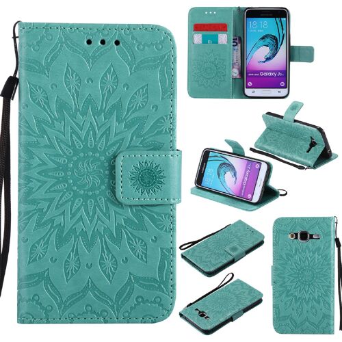 Saturcase Coque Pour Samsung Galaxy J3 / J3 2016, Fleur Du Soleil Gaufrage Pu Cuir Magnétique Flip Portefeuille Support Porte-Carte Protecteur Housse Étui Avec Dragonne (Vert)