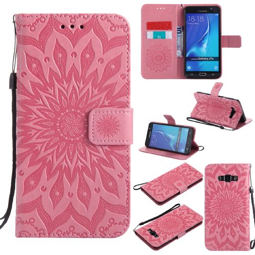 Saturcase Coque Pour Samsung Galaxy J7 2016, Fleur Du Soleil Gaufrage Pu Cuir Magnétique Flip Portefeuille Support Porte-Carte Protecteur Housse Étui Avec Dragonne (Pink)