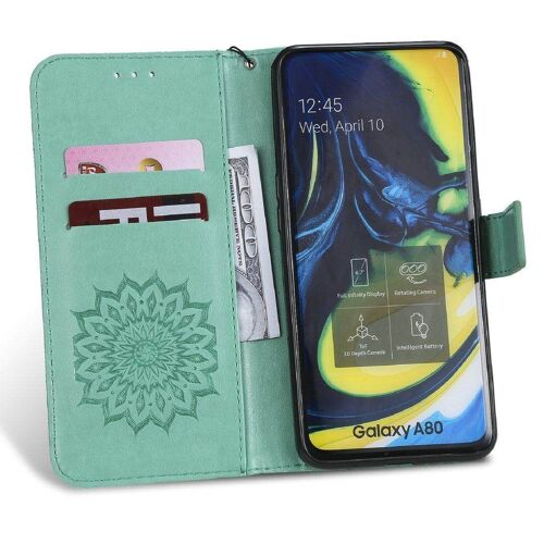 Saturcase Coque Pour Samsung Galaxy A80 / A90, Fleur Du Soleil Gaufrage Pu Cuir Magnétique Flip Portefeuille Support Porte-Carte Protecteur Housse Étui Avec Dragonne (Vert)