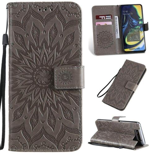 Saturcase Coque Pour Samsung Galaxy A80 / A90, Fleur Du Soleil Gaufrage Pu Cuir Magnétique Flip Portefeuille Support Porte-Carte Protecteur Housse Étui Avec Dragonne (Gris)