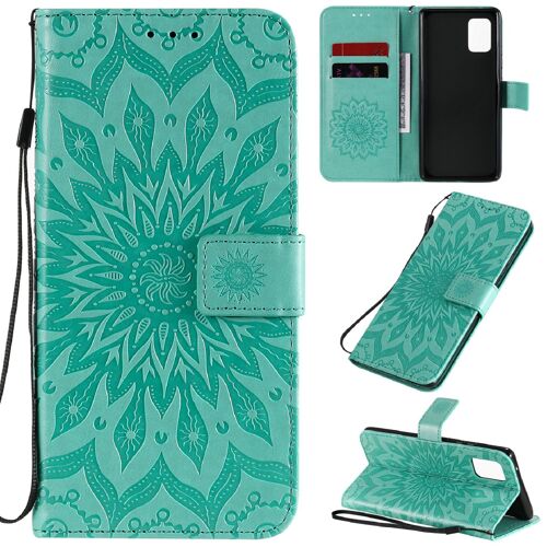 Saturcase Coque Pour Samsung Galaxy A71 5g, Fleur Du Soleil Gaufrage Pu Cuir Magnétique Flip Portefeuille Support Porte-Carte Protecteur Housse Étui Avec Dragonne (Vert)