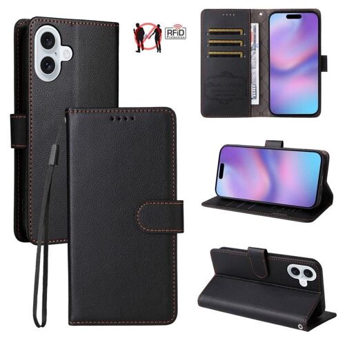 Coque pour iPhone 17, Étui en Cuir Texturé Litchi avec Blocage RFID et 3 Compartiments pour Cartes, Noir