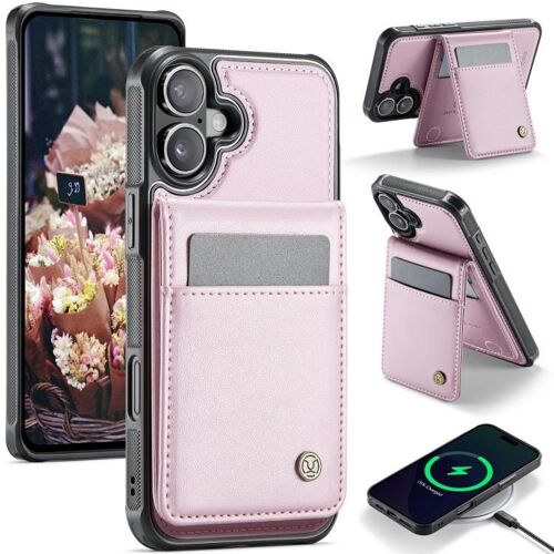 Coque pour iPhone 17 JEEHOOD J06, Style Britannique avec RFID, Sac à Cartes MagSafe, Étui en PU, Rose