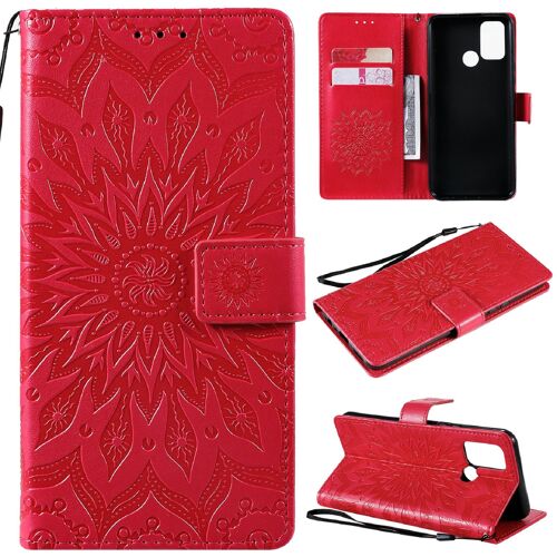 Saturcase Coque Pour Realme 7i / Realme C17, Fleur Du Soleil Gaufrage Pu Cuir Magnétique Flip Portefeuille Support Porte-Carte Protecteur Housse Étui Avec Dragonne (Rouge)