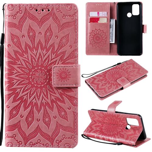 Saturcase Coque Pour Realme 7i / Realme C17, Fleur Du Soleil Gaufrage Pu Cuir Magnétique Flip Portefeuille Support Porte-Carte Protecteur Housse Étui Avec Dragonne (Pink)
