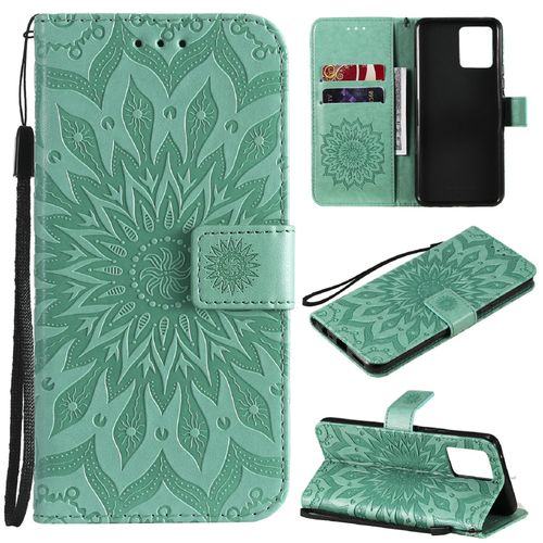 Saturcase Coque Pour Realme 8 4g / Realme 8 Pro, Fleur Du Soleil Gaufrage Pu Cuir Magnétique Flip Portefeuille Support Porte-Carte Protecteur Housse Étui Avec Dragonne (Vert)
