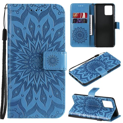 Saturcase Coque Pour Realme 8 4g / Realme 8 Pro, Fleur Du Soleil Gaufrage Pu Cuir Magnétique Flip Portefeuille Support Porte-Carte Protecteur Housse Étui Avec Dragonne (Bleu)