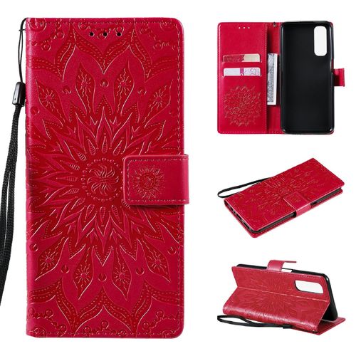 Saturcase Coque Pour Realme 7, Fleur Du Soleil Gaufrage Pu Cuir Magnétique Flip Portefeuille Support Porte-Carte Protecteur Housse Étui Avec Dragonne (Rouge)