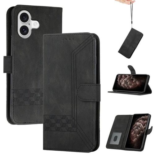 Coque pour iPhone 17, Étui en Cuir Synthétique Texturé Cubique, Protection Complète - Noir