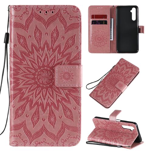 Saturcase Coque Pour Realme 6, Fleur Du Soleil Gaufrage Pu Cuir Magnétique Flip Portefeuille Support Porte-Carte Protecteur Housse Étui Avec Dragonne (Pink)