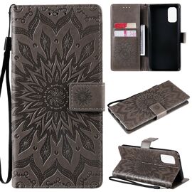 Saturcase Coque Pour Realme 7 Pro, Fleur Du Soleil Gaufrage Pu Cuir Magnétique Flip Portefeuille Support Porte-Carte Protecteur Housse Étui Avec Dragonne (Gris)