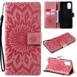 Saturcase Coque Pour Realme 7 Pro, Fleur Du Soleil Gaufrage Pu Cuir Magnétique Flip Portefeuille Support Porte-Carte Protecteur Housse Étui Avec Dragonne (Pink)