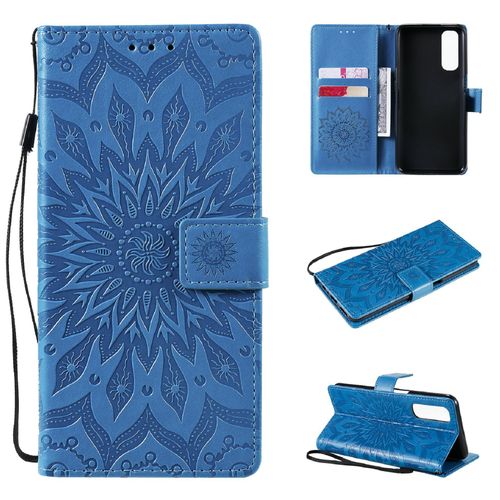 Saturcase Coque Pour Realme 7, Fleur Du Soleil Gaufrage Pu Cuir Magnétique Flip Portefeuille Support Porte-Carte Protecteur Housse Étui Avec Dragonne (Bleu)