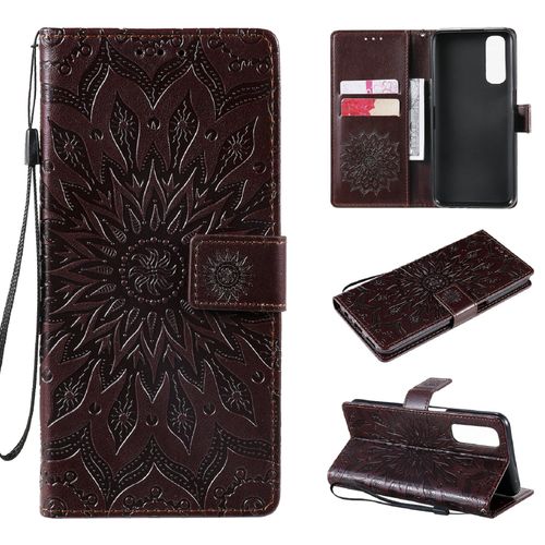 Saturcase Coque Pour Realme 7, Fleur Du Soleil Gaufrage Pu Cuir Magnétique Flip Portefeuille Support Porte-Carte Protecteur Housse Étui Avec Dragonne (Marron)