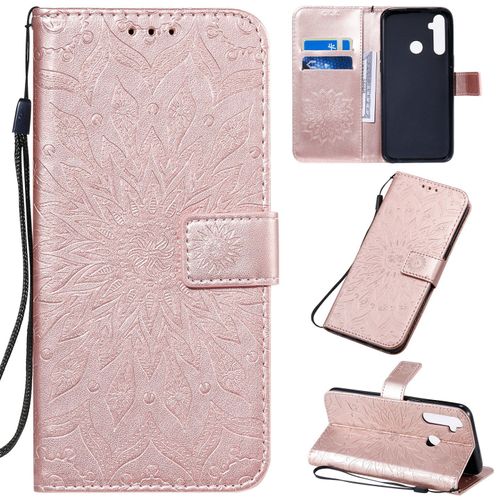 Saturcase Coque Pour Realme 5 / Realme 6i, Fleur Du Soleil Gaufrage Pu Cuir Magnétique Flip Portefeuille Support Porte-Carte Protecteur Housse Étui Avec Dragonne (Or Rose)