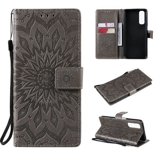 Saturcase Coque Pour Realme 7, Fleur Du Soleil Gaufrage Pu Cuir Magnétique Flip Portefeuille Support Porte-Carte Protecteur Housse Étui Avec Dragonne (Gris)