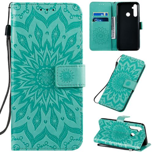 Saturcase Coque Pour Realme 5 / Realme 6i, Fleur Du Soleil Gaufrage Pu Cuir Magnétique Flip Portefeuille Support Porte-Carte Protecteur Housse Étui Avec Dragonne (Vert)
