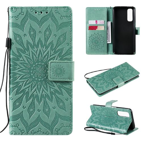 Saturcase Coque Pour Realme 7, Fleur Du Soleil Gaufrage Pu Cuir Magnétique Flip Portefeuille Support Porte-Carte Protecteur Housse Étui Avec Dragonne (Vert)