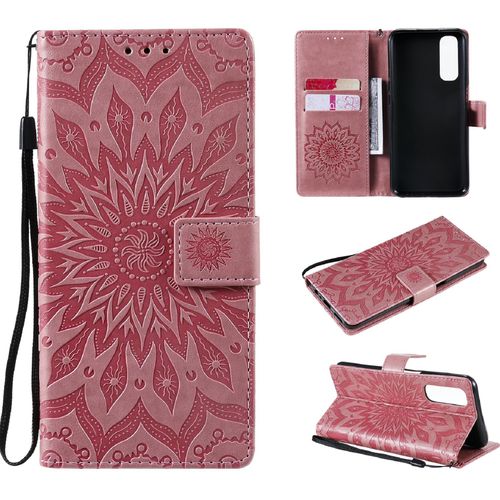 Saturcase Coque Pour Realme 7, Fleur Du Soleil Gaufrage Pu Cuir Magnétique Flip Portefeuille Support Porte-Carte Protecteur Housse Étui Avec Dragonne (Pink)